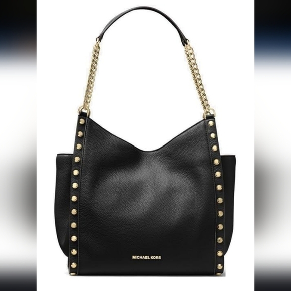 Michael Kors Black Pebbled Leather Goldtone Chain Handles Studded Satchel - Picture 2 of 12